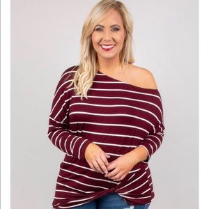 Burgundy Striped Knotted Off The Shoulder Top
